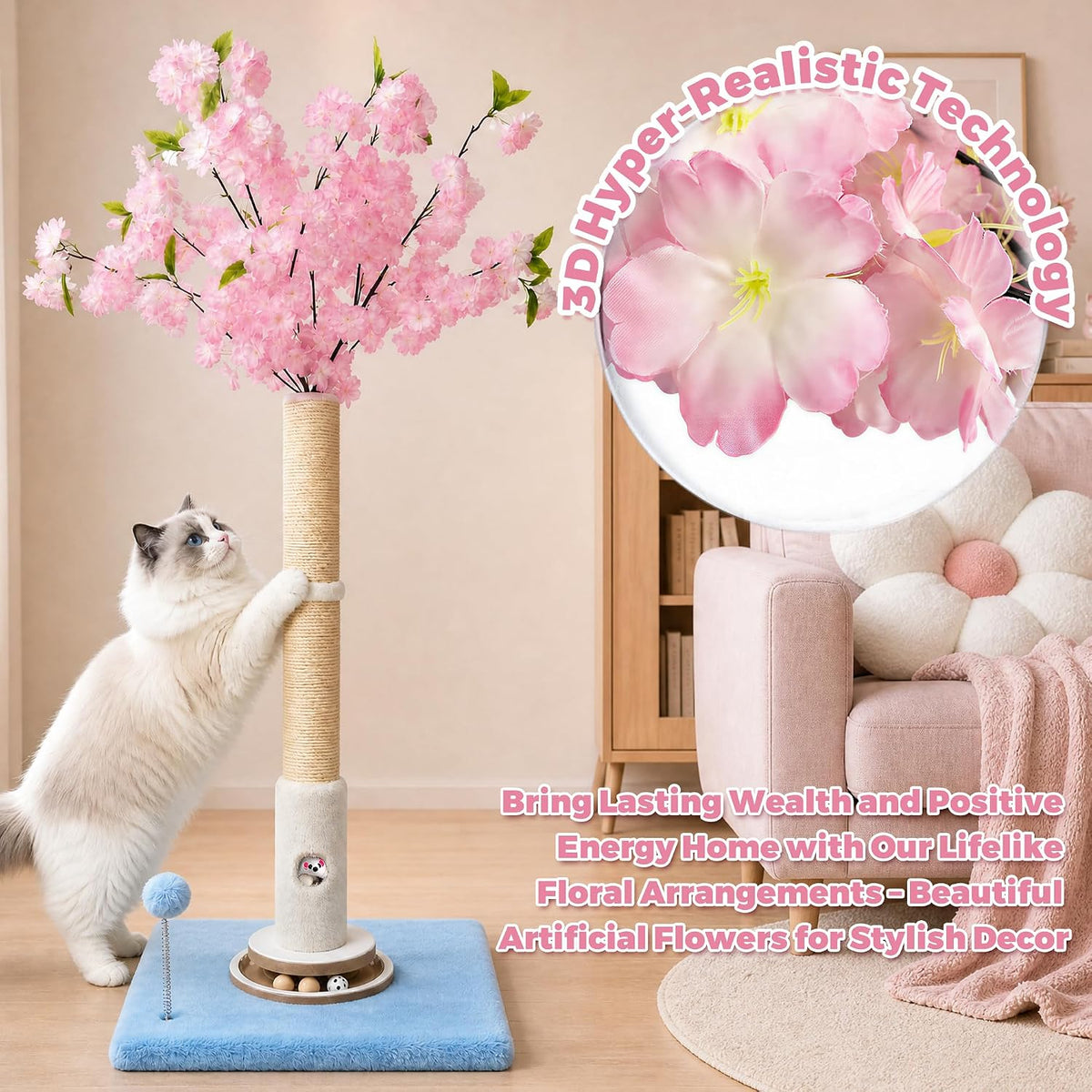 Pink Flower Scratching Post 35'' with Interactive Toys for Indoor Cats