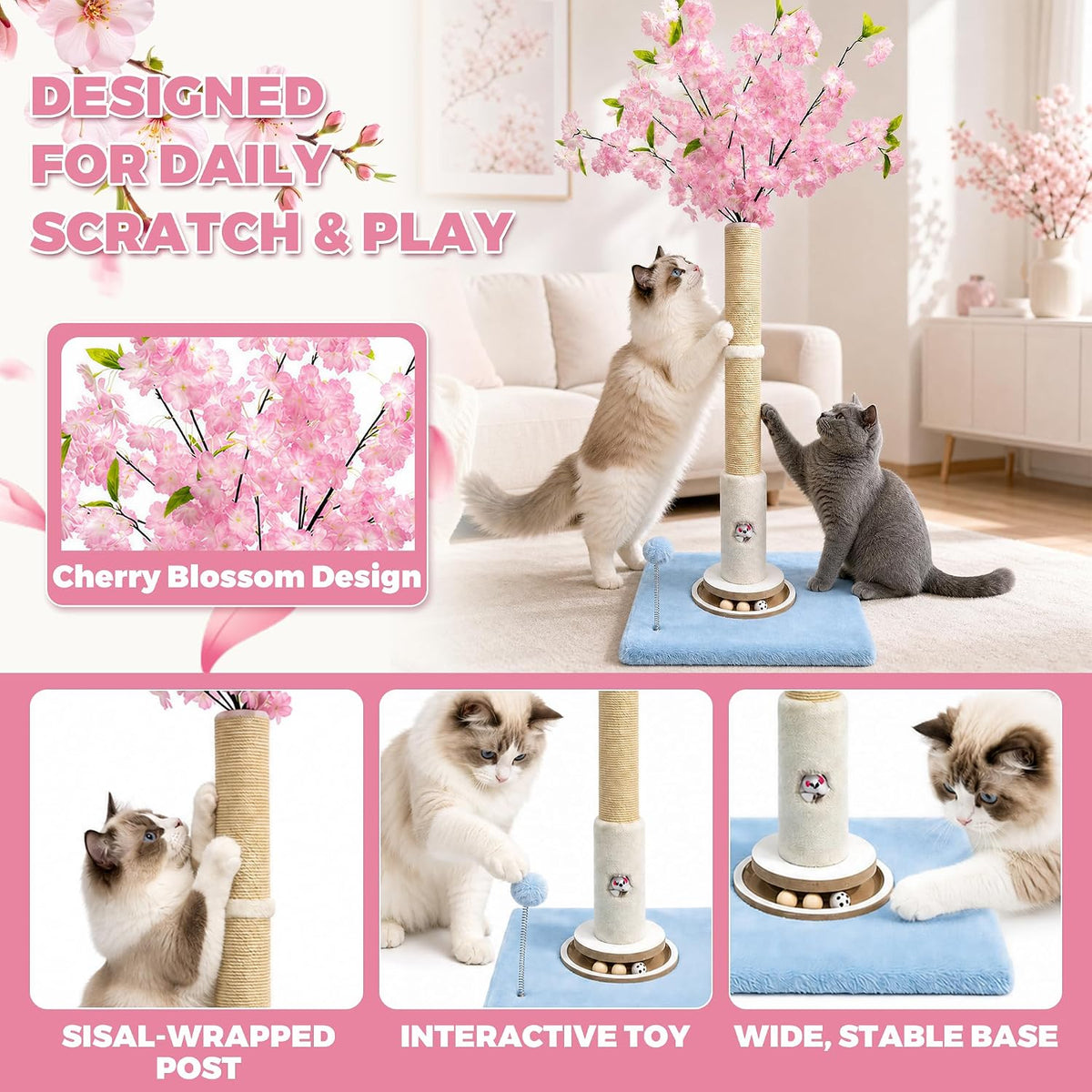 Pink Flower Scratching Post 35'' with Interactive Toys for Indoor Cats