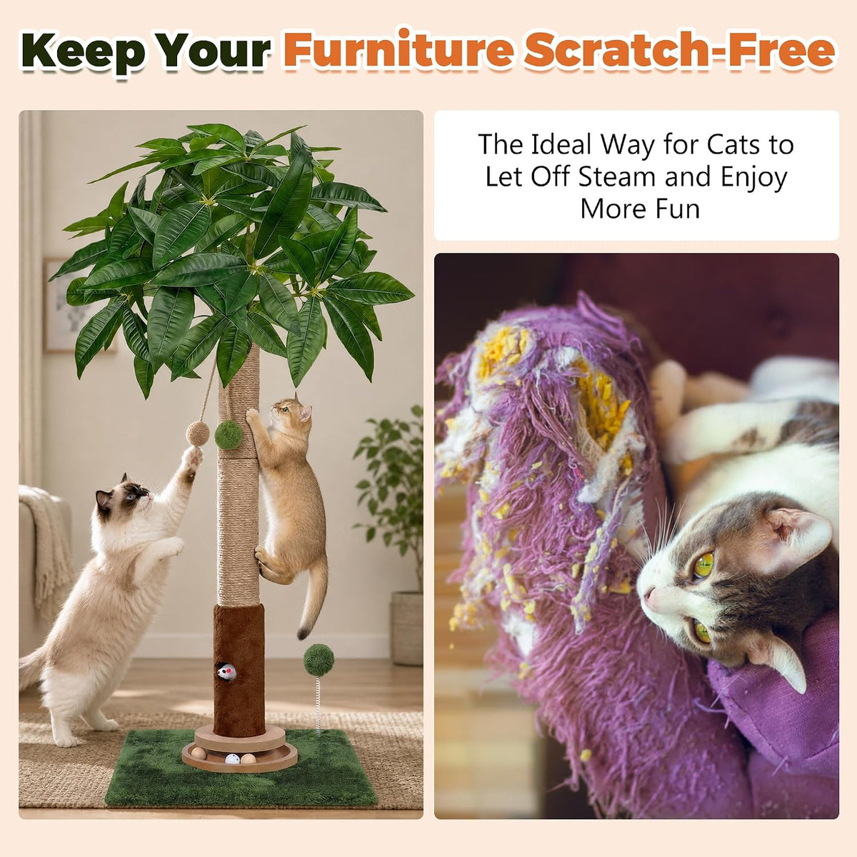 Pink Flower Scratching Post 35'' with Interactive Toys for Indoor Cats