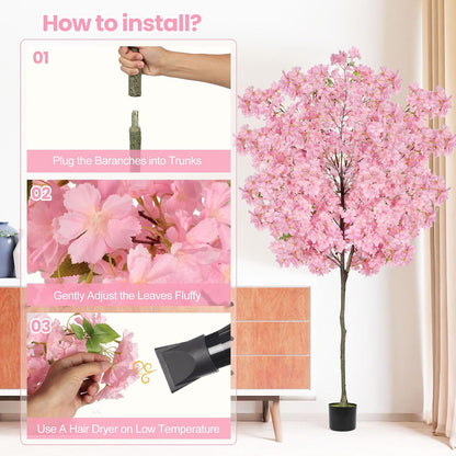 6Ft Tall Cherry Blossom Artificial Tree,Fake Pink Cherry Blossom Tree,Lifelike Decorative Plant in Pot for Indoor/Outdoor, Christmas, Garden,Home Office Dec