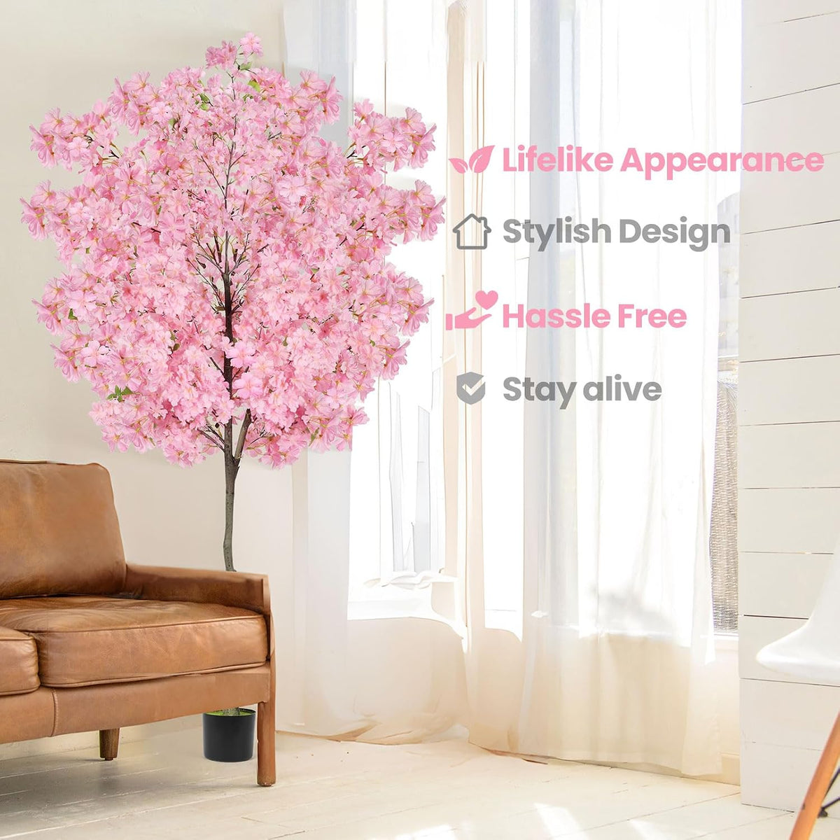 6Ft Tall Cherry Blossom Artificial Tree,Fake Pink Cherry Blossom Tree,Lifelike Decorative Plant in Pot for Indoor/Outdoor, Christmas, Garden,Home Office Dec