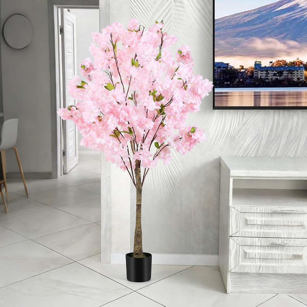 6Ft Tall Cherry Blossom Artificial Tree,Fake Pink Cherry Blossom Tree,Lifelike Decorative Plant in Pot for Indoor/Outdoor, Christmas, Garden,Home Office Dec