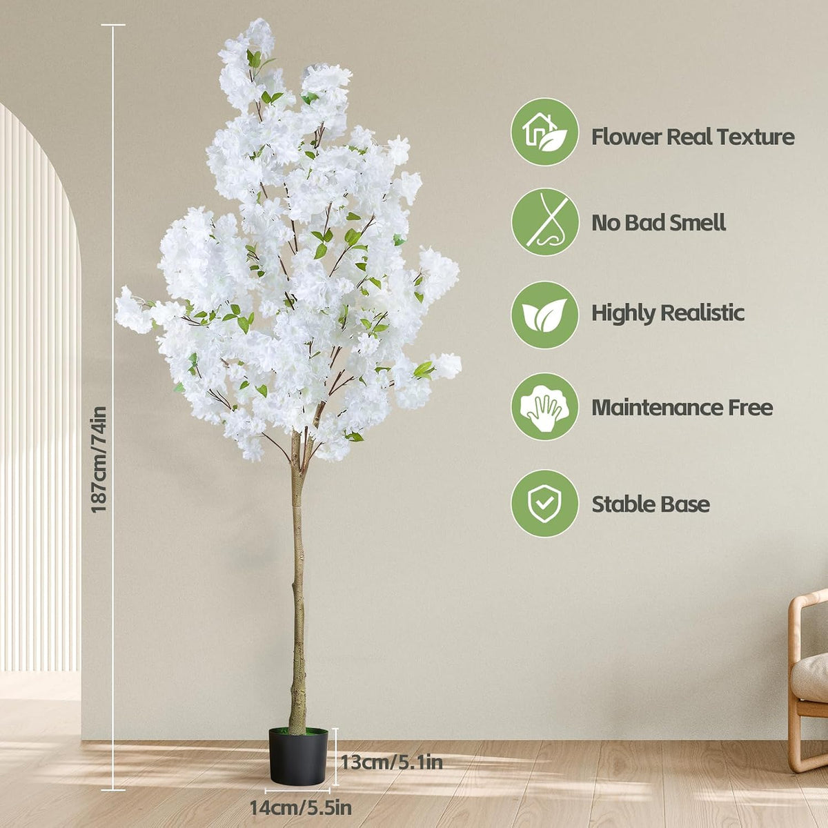 6Ft Tall Cherry Blossom Artificial Tree,Fake Pink Cherry Blossom Tree,Lifelike Decorative Plant in Pot for Indoor/Outdoor, Christmas, Garden,Home Office Dec