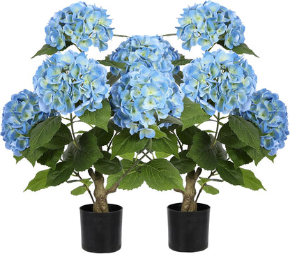 2FT Real Touch Faux Hydrangea Tree Outdoor, 2 Pack Blue Hydrangea Tree Artificial with Vibrant Blooms, Faux Hydrangea Potted Plant for Indoor Outdoor Home Front Porch Pation Decor