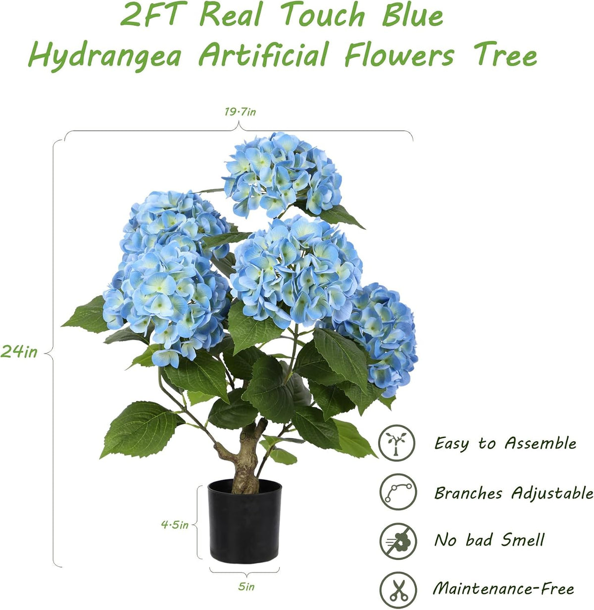 2FT Real Touch Faux Hydrangea Tree Outdoor, 2 Pack Blue Hydrangea Tree Artificial with Vibrant Blooms, Faux Hydrangea Potted Plant for Indoor Outdoor Home Front Porch Pation Decor