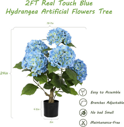 2FT Real Touch Faux Hydrangea Tree Outdoor, 2 Pack Blue Hydrangea Tree Artificial with Vibrant Blooms, Faux Hydrangea Potted Plant for Indoor Outdoor Home Front Porch Pation Decor