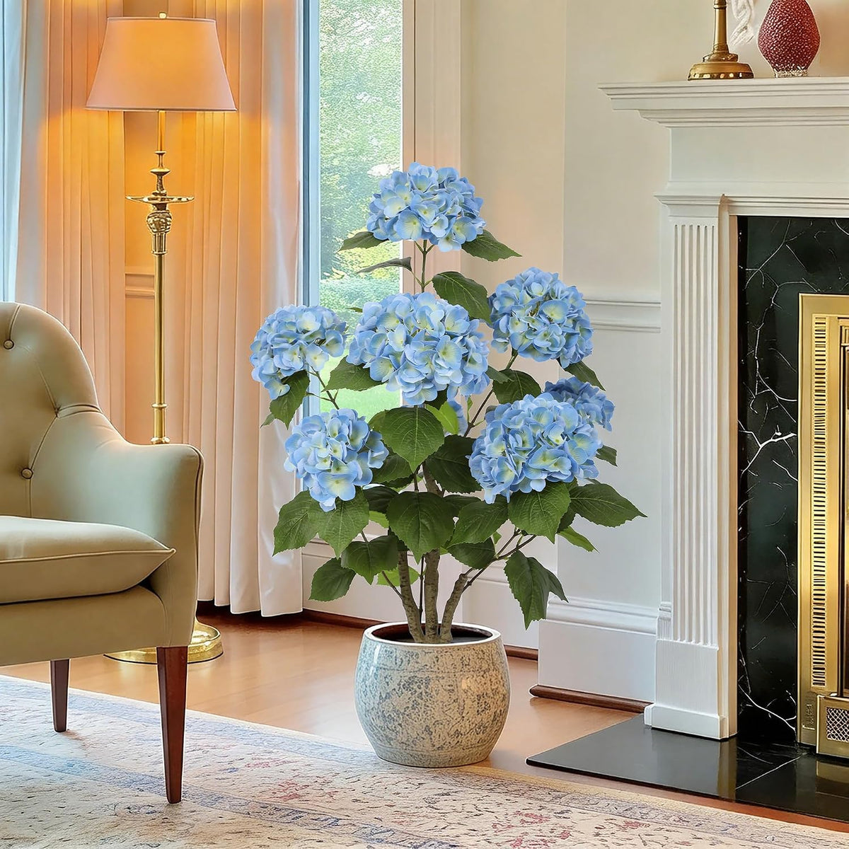 2FT Real Touch Faux Hydrangea Tree Outdoor, 2 Pack Blue Hydrangea Tree Artificial with Vibrant Blooms, Faux Hydrangea Potted Plant for Indoor Outdoor Home Front Porch Pation Decor