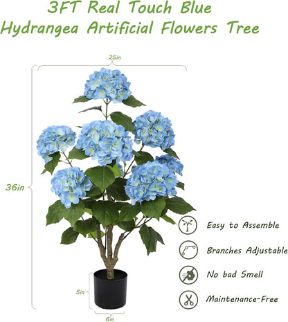 2FT Real Touch Faux Hydrangea Tree Outdoor, 2 Pack Blue Hydrangea Tree Artificial with Vibrant Blooms, Faux Hydrangea Potted Plant for Indoor Outdoor Home Front Porch Pation Decor