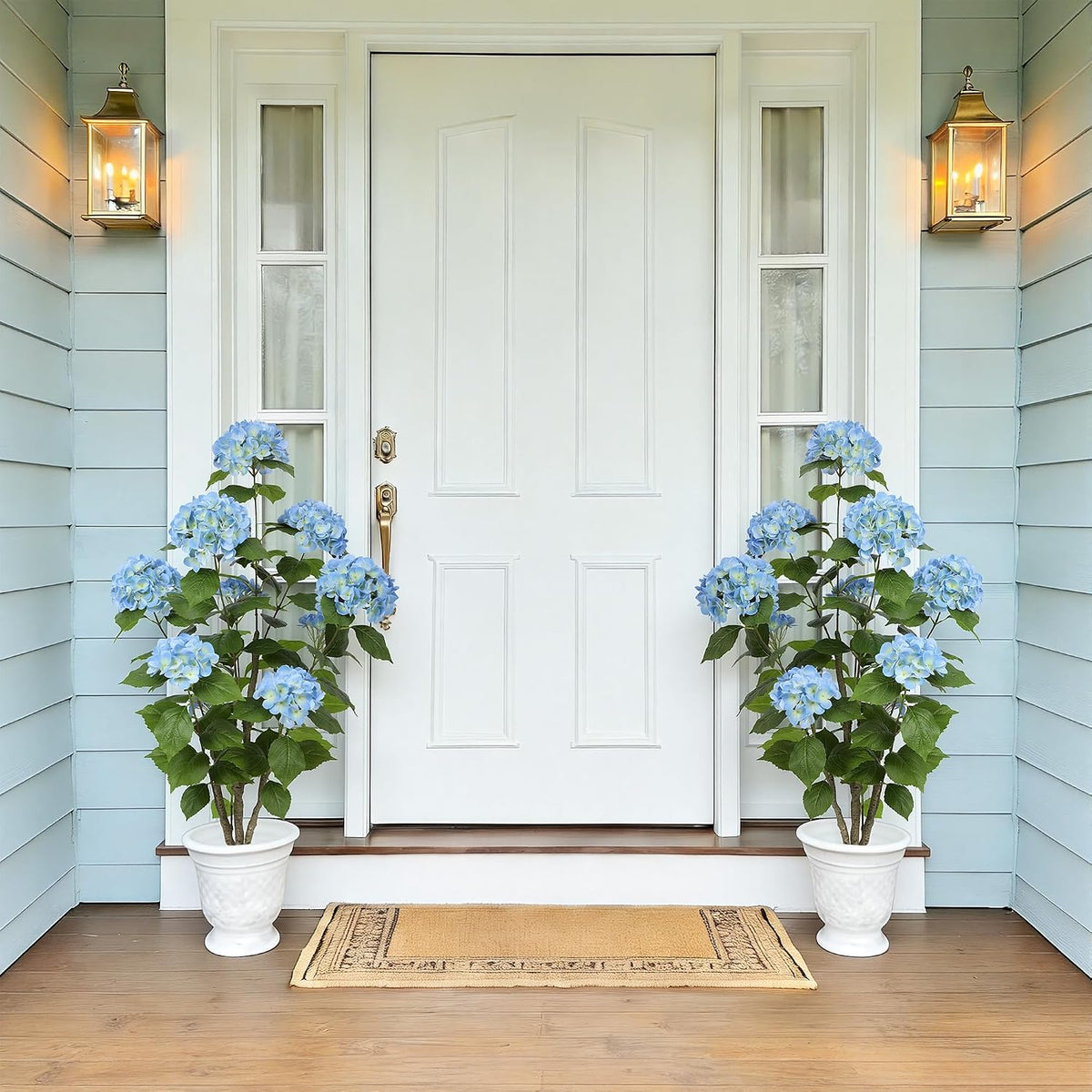 2FT Real Touch Faux Hydrangea Tree Outdoor, 2 Pack Blue Hydrangea Tree Artificial with Vibrant Blooms, Faux Hydrangea Potted Plant for Indoor Outdoor Home Front Porch Pation Decor