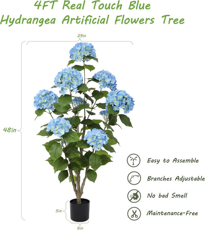 2FT Real Touch Faux Hydrangea Tree Outdoor, 2 Pack Blue Hydrangea Tree Artificial with Vibrant Blooms, Faux Hydrangea Potted Plant for Indoor Outdoor Home Front Porch Pation Decor