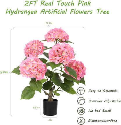 2FT Real Touch Faux Hydrangea Tree Outdoor, 2 Pack Blue Hydrangea Tree Artificial with Vibrant Blooms, Faux Hydrangea Potted Plant for Indoor Outdoor Home Front Porch Pation Decor
