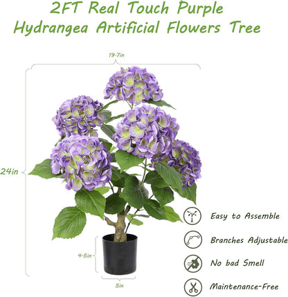 2FT Real Touch Faux Hydrangea Tree Outdoor, 2 Pack Blue Hydrangea Tree Artificial with Vibrant Blooms, Faux Hydrangea Potted Plant for Indoor Outdoor Home Front Porch Pation Decor