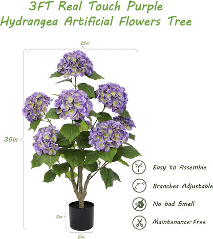 2FT Real Touch Faux Hydrangea Tree Outdoor, 2 Pack Blue Hydrangea Tree Artificial with Vibrant Blooms, Faux Hydrangea Potted Plant for Indoor Outdoor Home Front Porch Pation Decor