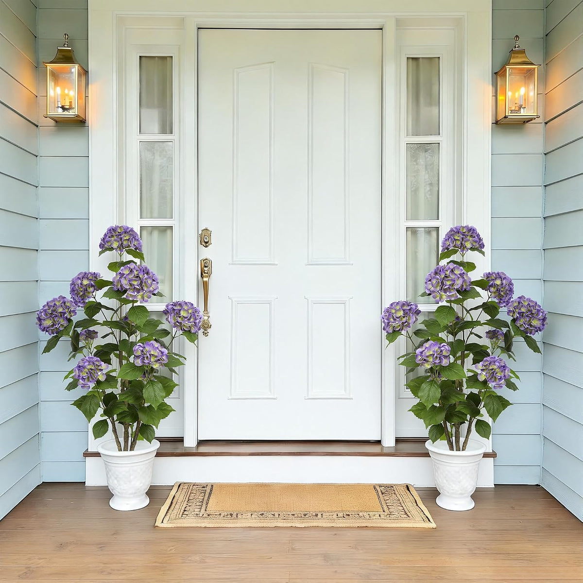 2FT Real Touch Faux Hydrangea Tree Outdoor, 2 Pack Blue Hydrangea Tree Artificial with Vibrant Blooms, Faux Hydrangea Potted Plant for Indoor Outdoor Home Front Porch Pation Decor