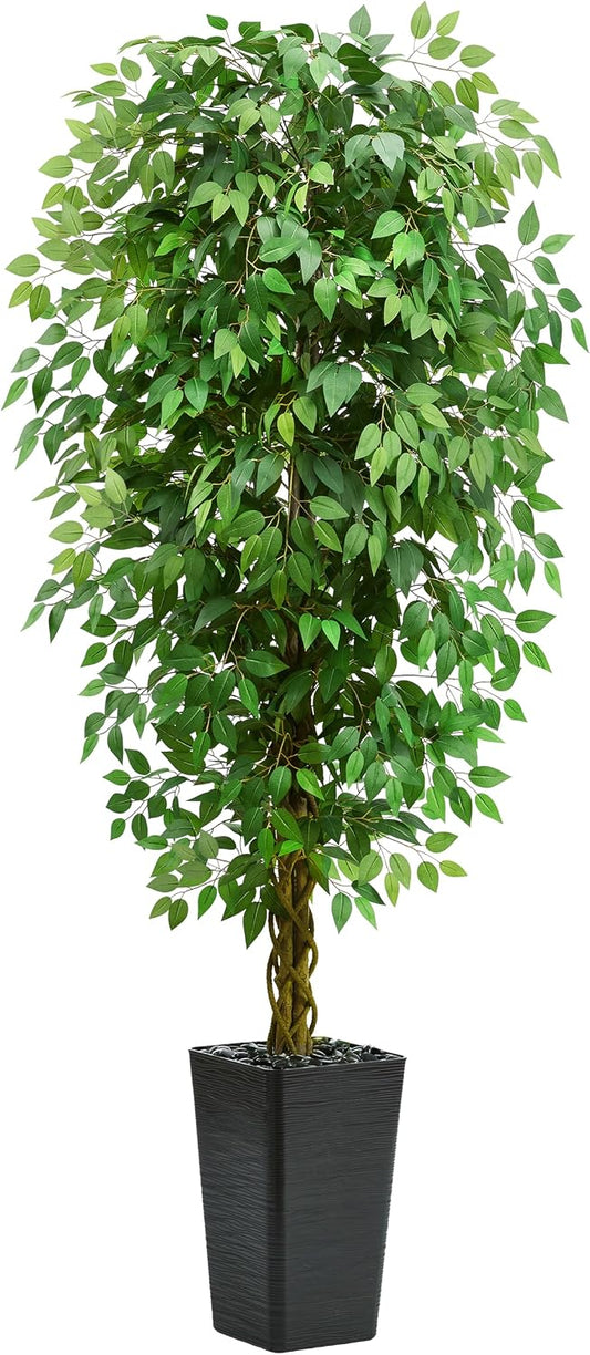7FT Artificial Ficus Tree, 84 Inch Realistic Faux Silk Ficus Floor Plant with Black Planter & Pebbles, Tall Fake Potted Tree for Indoor Home Office Living Room Corner Decor