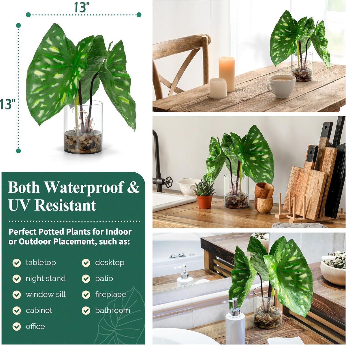 Tropical Artificial Plant in Clear Pot with Artificial Water, Wide Arrowhead Leaves. Faux Plants Indoor and Outdoor