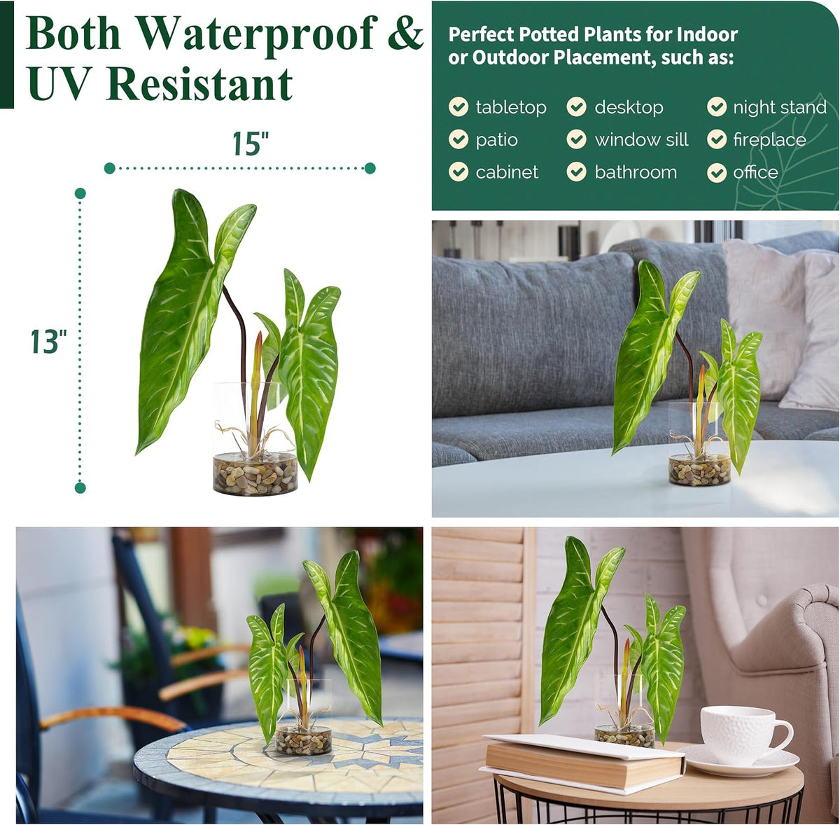 Tropical Artificial Plant in Clear Pot with Artificial Water, Wide Arrowhead Leaves. Faux Plants Indoor and Outdoor