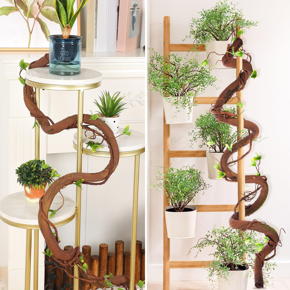 71in Bendable Artificial Vines with Green Leaves, Fake Thick Vine Stems and Tree Branches for Home Decor, Artificial Tree Twigs Branches for Outdoor Garden Wall Hanging