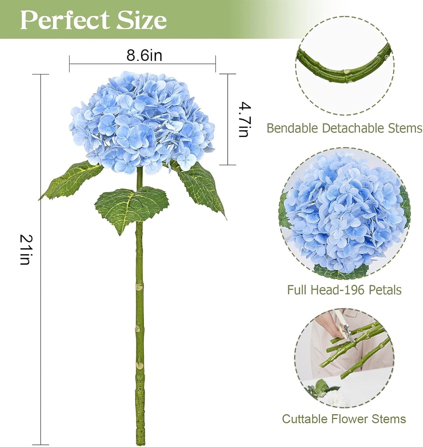 21" Real Touch White Hydrangea Artificial Flowers with Long Stem & Leaves, Full Latex Faux Hydrangea Flowers for Home Decor Party Floral Arrangements Wedding Bouquets Centerpieces, 3Pcs