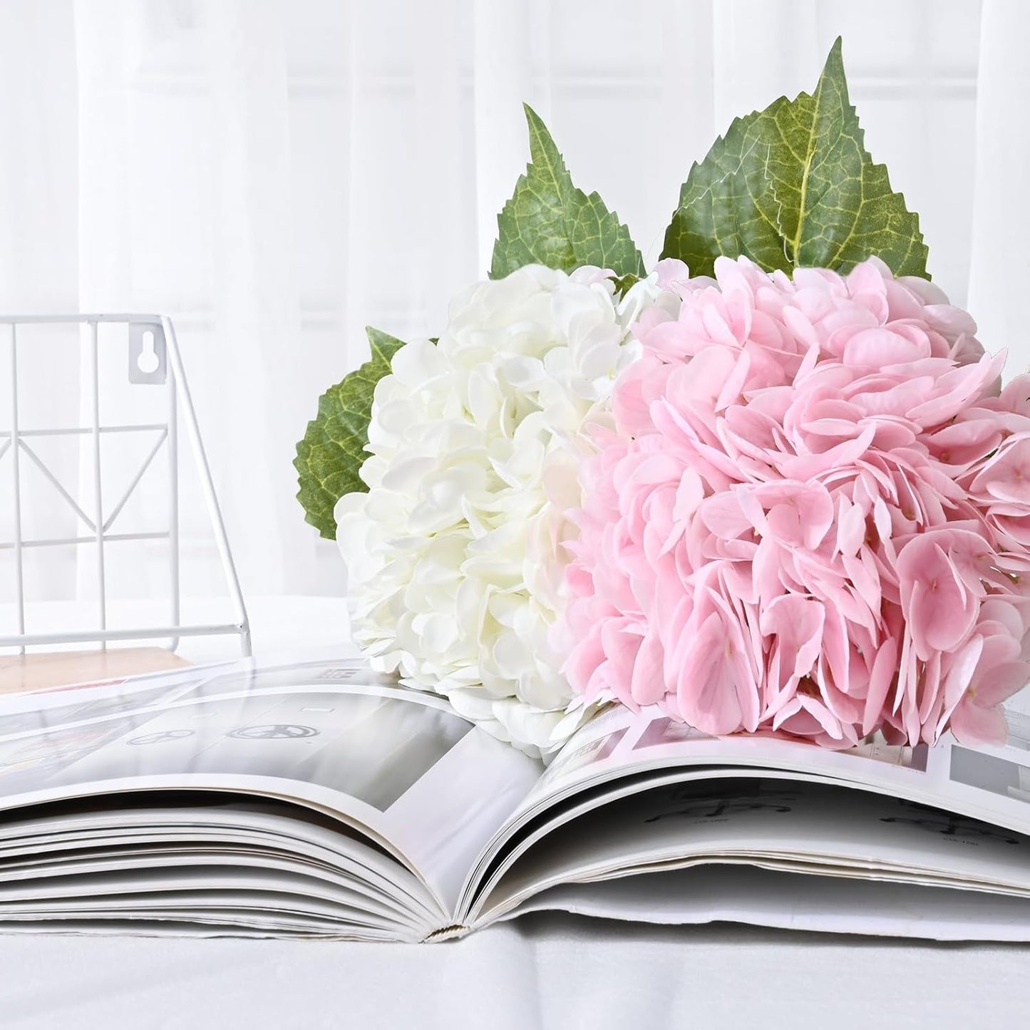 21" Real Touch White Hydrangea Artificial Flowers with Long Stem & Leaves, Full Latex Faux Hydrangea Flowers for Home Decor Party Floral Arrangements Wedding Bouquets Centerpieces, 3Pcs