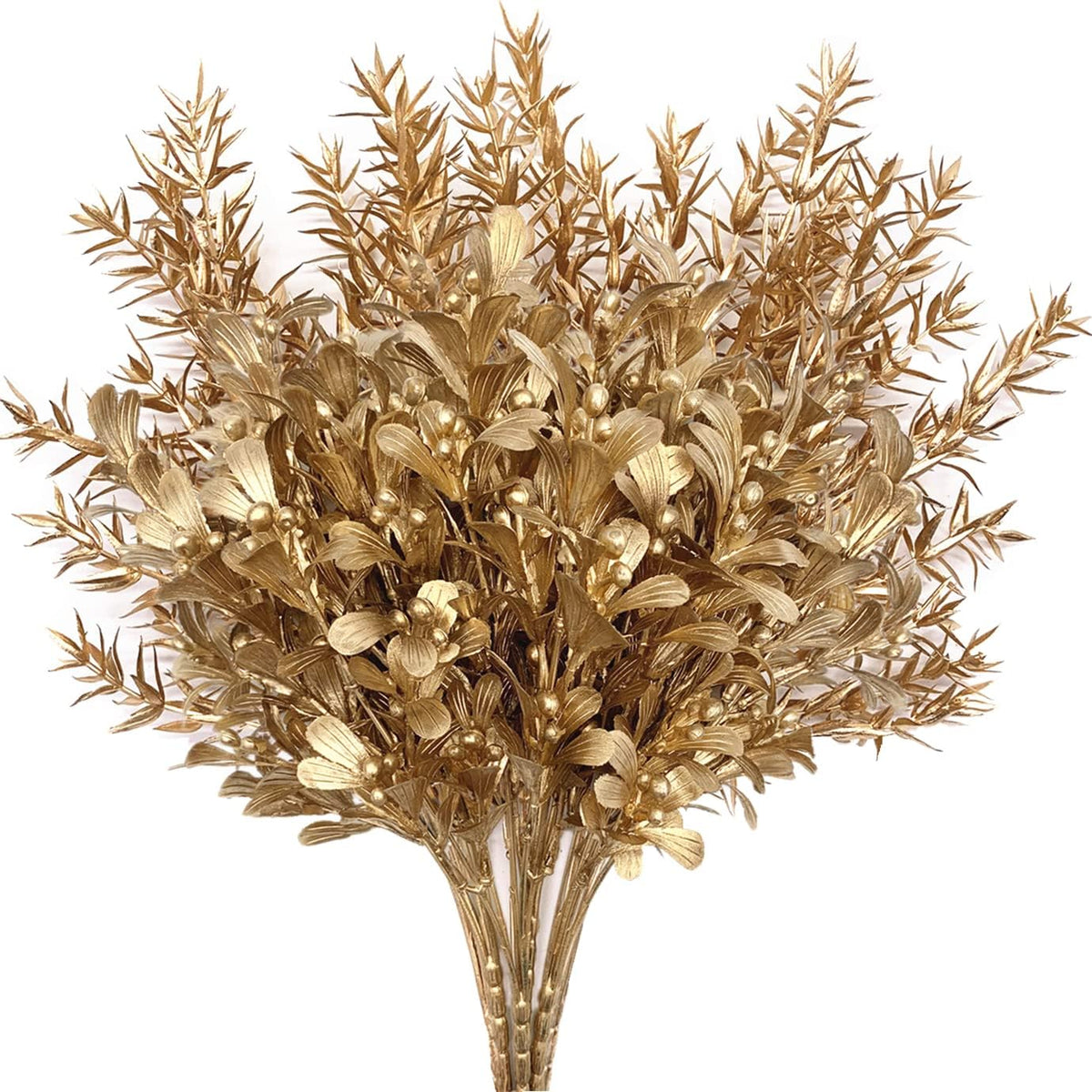 Gold Decorations Artificial Plants, Golden Berry Leaves Fake Simulation Spiky Leaf Grass Plastic Faux Shrubs Bushes Ornaments Home Indoor Outdoor Wedding Decor Hall Table Planter Filler