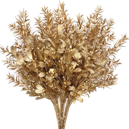 Gold Decorations Artificial Plants, Golden Berry Leaves Fake Simulation Spiky Leaf Grass Plastic Faux Shrubs Bushes Ornaments Home Indoor Outdoor Wedding Decor Hall Table Planter Filler