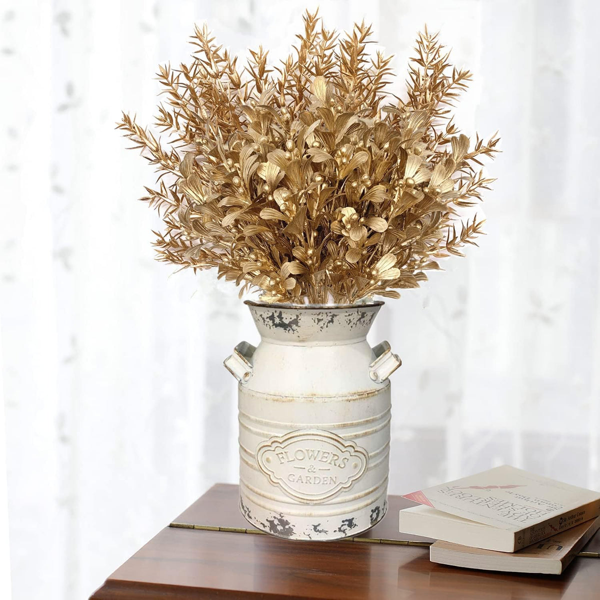 Gold Decorations Artificial Plants, Golden Berry Leaves Fake Simulation Spiky Leaf Grass Plastic Faux Shrubs Bushes Ornaments Home Indoor Outdoor Wedding Decor Hall Table Planter Filler