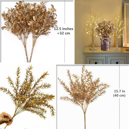 Gold Decorations Artificial Plants, Golden Berry Leaves Fake Simulation Spiky Leaf Grass Plastic Faux Shrubs Bushes Ornaments Home Indoor Outdoor Wedding Decor Hall Table Planter Filler