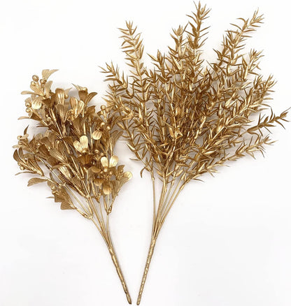 Gold Decorations Artificial Plants, Golden Berry Leaves Fake Simulation Spiky Leaf Grass Plastic Faux Shrubs Bushes Ornaments Home Indoor Outdoor Wedding Decor Hall Table Planter Filler