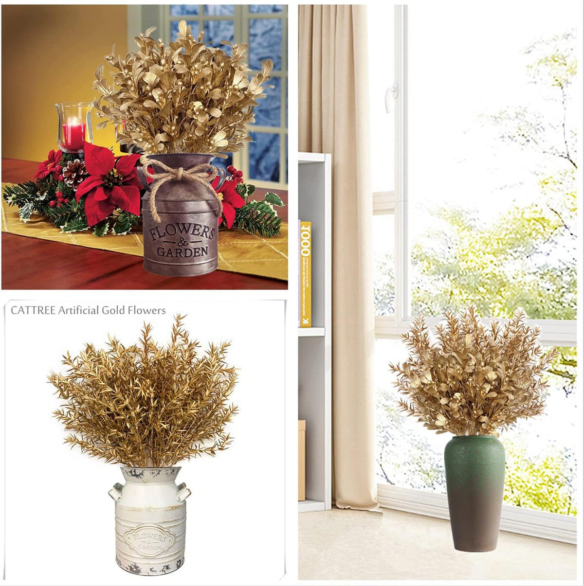 Gold Decorations Artificial Plants, Golden Berry Leaves Fake Simulation Spiky Leaf Grass Plastic Faux Shrubs Bushes Ornaments Home Indoor Outdoor Wedding Decor Hall Table Planter Filler