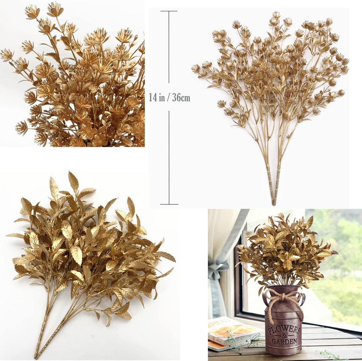 Gold Decorations Artificial Plants, Golden Berry Leaves Fake Simulation Spiky Leaf Grass Plastic Faux Shrubs Bushes Ornaments Home Indoor Outdoor Wedding Decor Hall Table Planter Filler