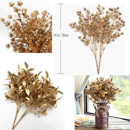 Gold Decorations Artificial Plants, Golden Berry Leaves Fake Simulation Spiky Leaf Grass Plastic Faux Shrubs Bushes Ornaments Home Indoor Outdoor Wedding Decor Hall Table Planter Filler