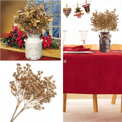 Gold Decorations Artificial Plants, Golden Berry Leaves Fake Simulation Spiky Leaf Grass Plastic Faux Shrubs Bushes Ornaments Home Indoor Outdoor Wedding Decor Hall Table Planter Filler