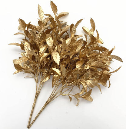 Gold Decorations Artificial Plants, Golden Berry Leaves Fake Simulation Spiky Leaf Grass Plastic Faux Shrubs Bushes Ornaments Home Indoor Outdoor Wedding Decor Hall Table Planter Filler