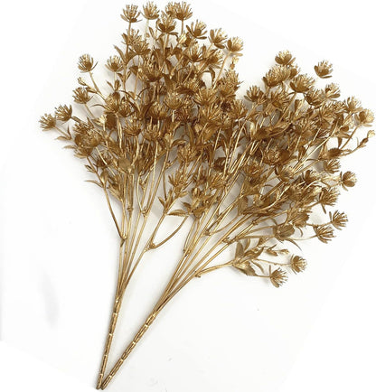 Gold Decorations Artificial Plants, Golden Berry Leaves Fake Simulation Spiky Leaf Grass Plastic Faux Shrubs Bushes Ornaments Home Indoor Outdoor Wedding Decor Hall Table Planter Filler