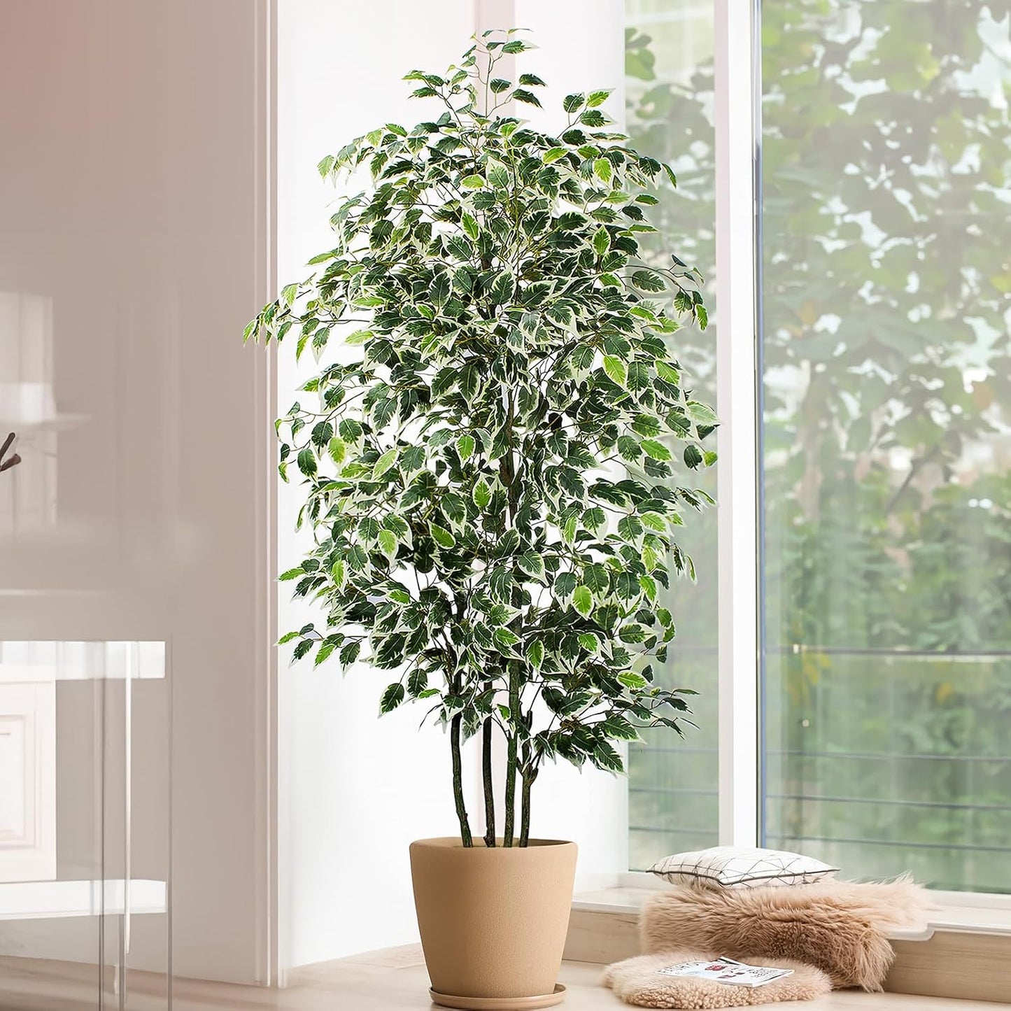 Artificial Ficus Tree - 4 FT Tall Silk Fake Tree with Pot - Lifelike Foliage & Branches for Indoor/Outdoor Decor