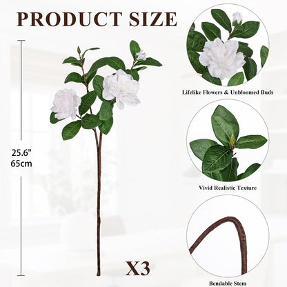 26" Artificial Gardenia Flowers Branches - 3 Pcs Real Touch Fake Flower Stems with Leaves & Buds, Faux White Gardenias for Home Floral Arrangements & Wedding Table Centerpieces (Vase Not Included)