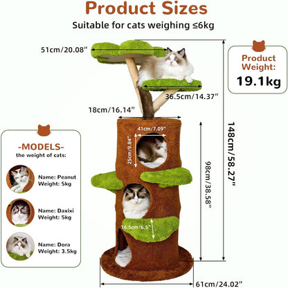 Modern Cat Tree Tower: 58Inch Tall Cat Tree for Large Cats with Multi Condos - Indoor Wood Cat Tree House Sturdy with Scratching Post