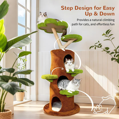 Modern Cat Tree Tower: 58Inch Tall Cat Tree for Large Cats with Multi Condos - Indoor Wood Cat Tree House Sturdy with Scratching Post