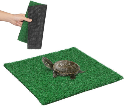 Turtle Basking Platform, Artificial Grass Mat for Aquarium, Square Floating Dock with Ramp for Aquatic Turtles, Reptile Resting Terrace and Tank Landscaping Accessories (9.8" x 9.8")