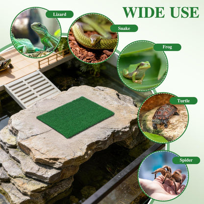 Turtle Basking Platform, Artificial Grass Mat for Aquarium, Square Floating Dock with Ramp for Aquatic Turtles, Reptile Resting Terrace and Tank Landscaping Accessories (9.8" x 9.8")