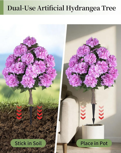 Hydrangea Topiary Trees Artificial for Outdoor, Pink, 2 Packs | 33-Inch, with Stakes, 20 Hydrangea Heads, Faux Silk Topiary Ball Trees, Fake Bush Plants for Front Porch, Yard, Patio