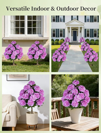 Hydrangea Topiary Trees Artificial for Outdoor, Pink, 2 Packs | 33-Inch, with Stakes, 20 Hydrangea Heads, Faux Silk Topiary Ball Trees, Fake Bush Plants for Front Porch, Yard, Patio