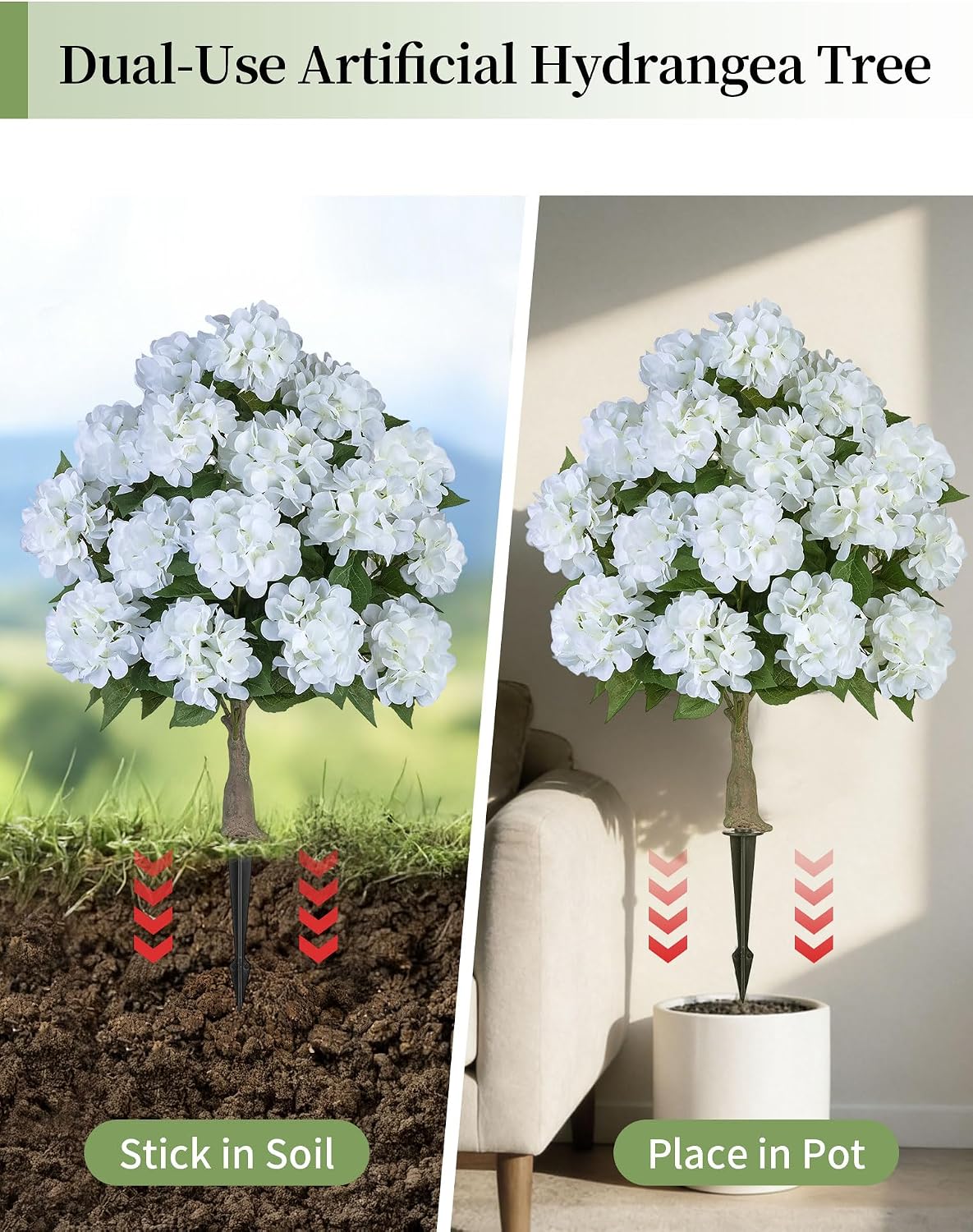 Hydrangea Topiary Trees Artificial for Outdoor, Pink, 2 Packs | 33-Inch, with Stakes, 20 Hydrangea Heads, Faux Silk Topiary Ball Trees, Fake Bush Plants for Front Porch, Yard, Patio