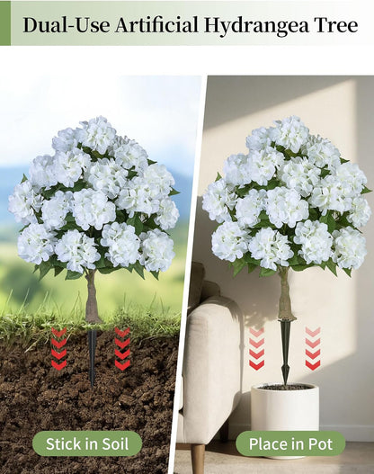 Hydrangea Topiary Trees Artificial for Outdoor, Pink, 2 Packs | 33-Inch, with Stakes, 20 Hydrangea Heads, Faux Silk Topiary Ball Trees, Fake Bush Plants for Front Porch, Yard, Patio