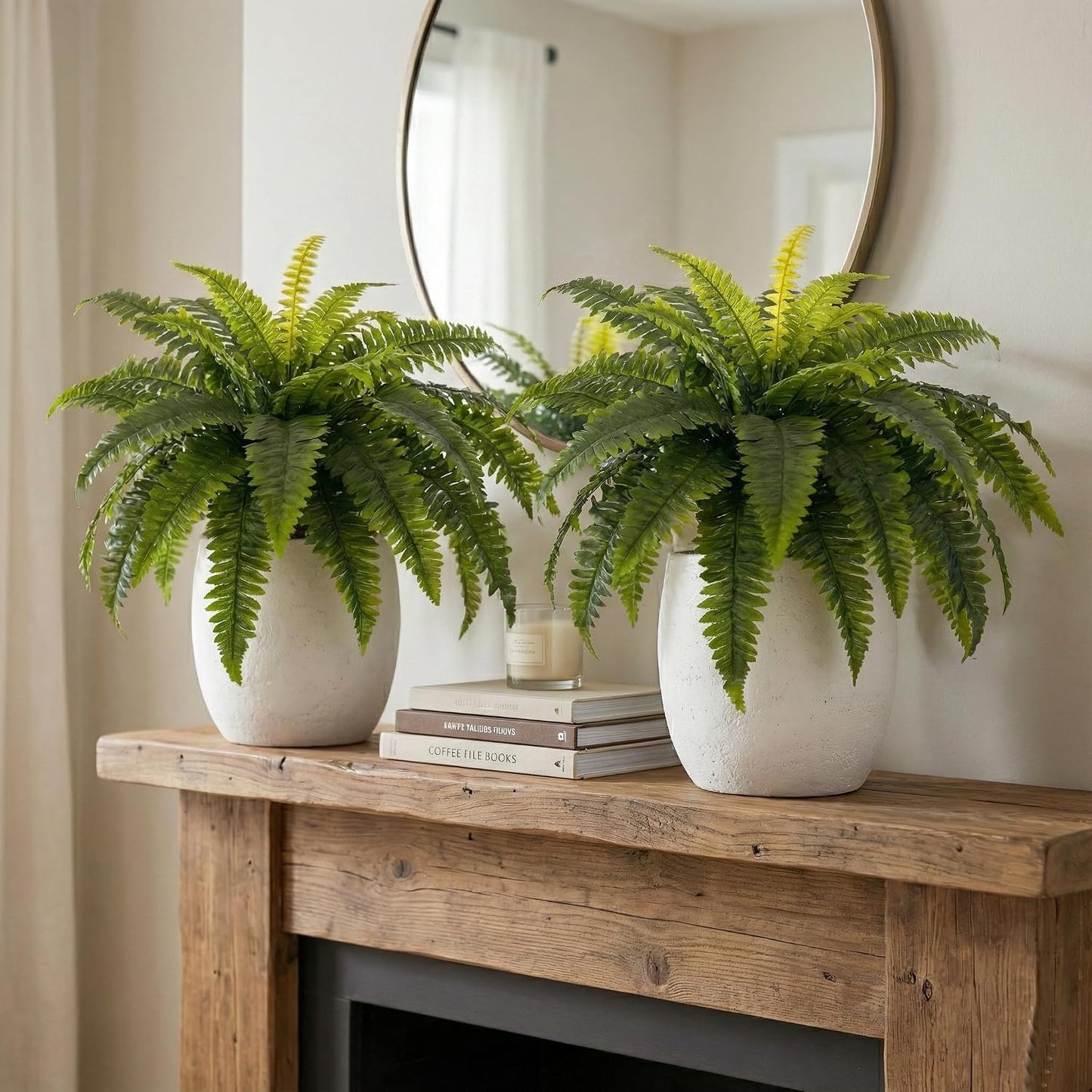 Artificial Ferns for Outdoors, Set of 2 Bouquets 33" Diam Large Fake Ferns Faux Boston Fern Bush Plant for Indoors Home Garden Porch Windowsill Entrance Farmhouse Decor Arrangement