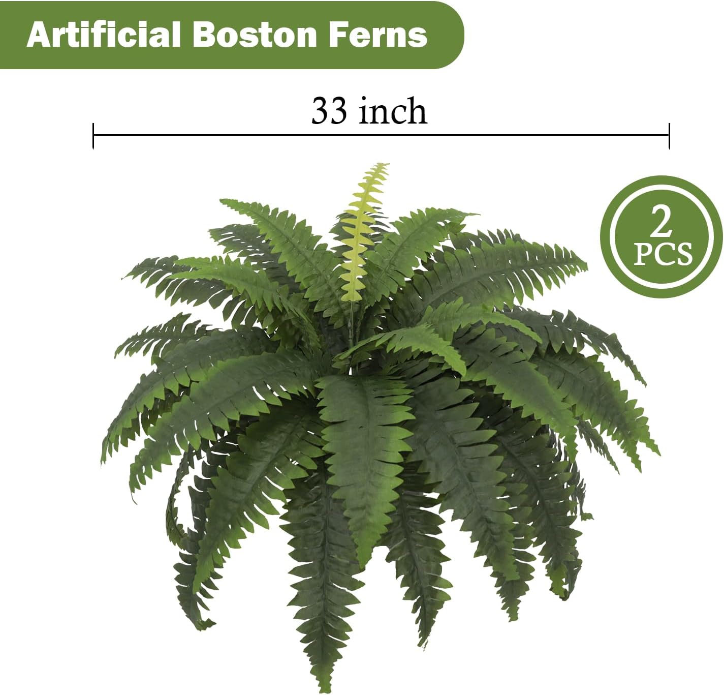 Artificial Ferns for Outdoors, Set of 2 Bouquets 33" Diam Large Fake Ferns Faux Boston Fern Bush Plant for Indoors Home Garden Porch Windowsill Entrance Farmhouse Decor Arrangement