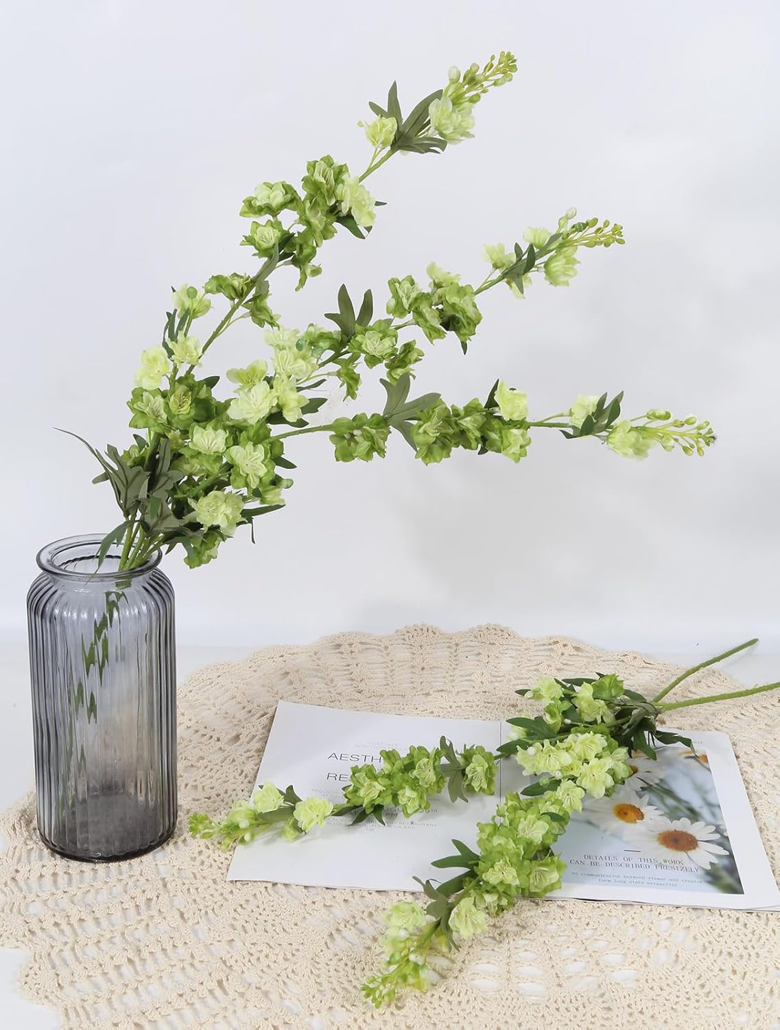 White Flowers Artificial Delphinium 9PCS with Clematis Greenery for Wedding & Home Decor