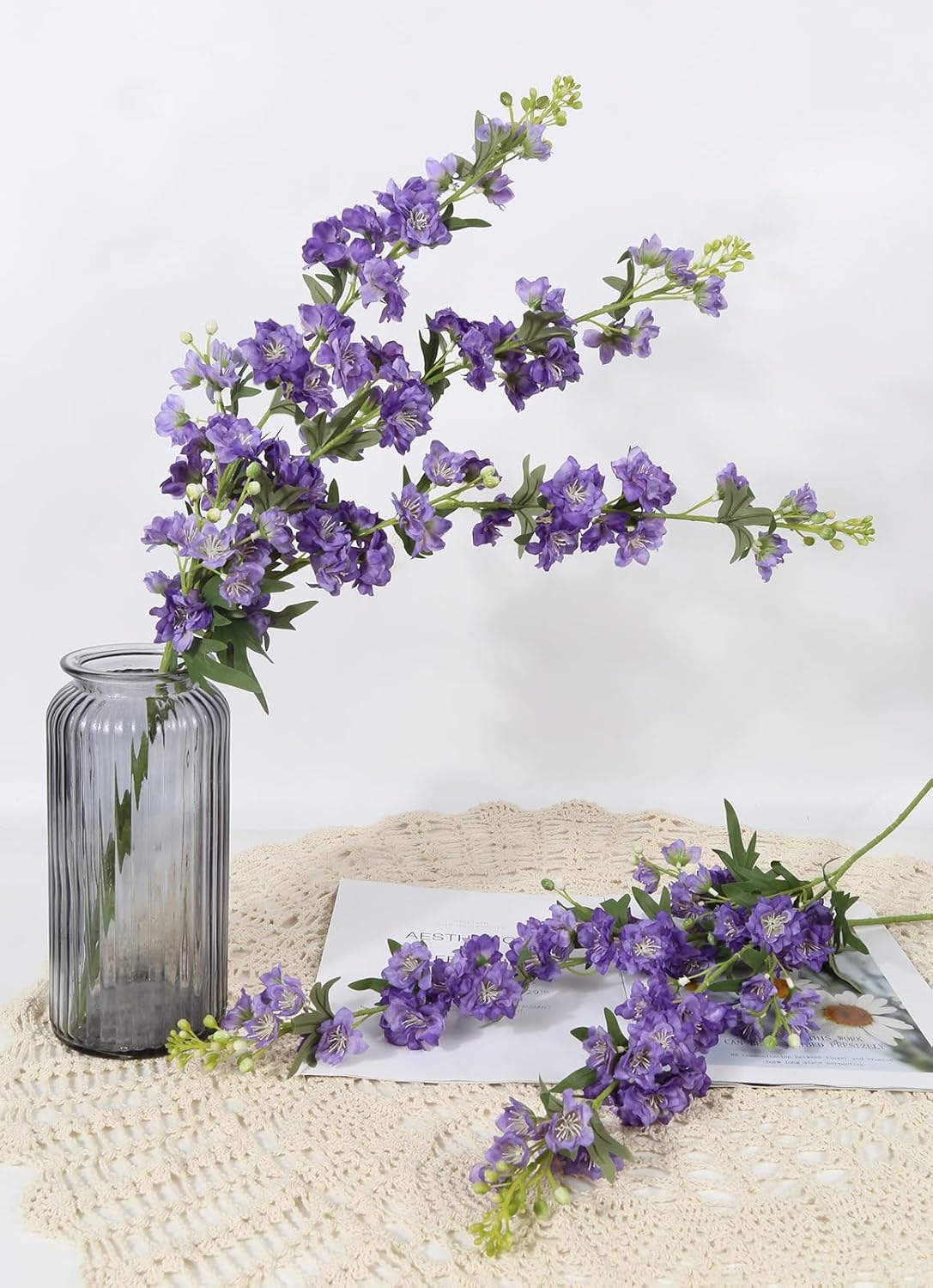 White Flowers Artificial Delphinium 9PCS with Clematis Greenery for Wedding & Home Decor