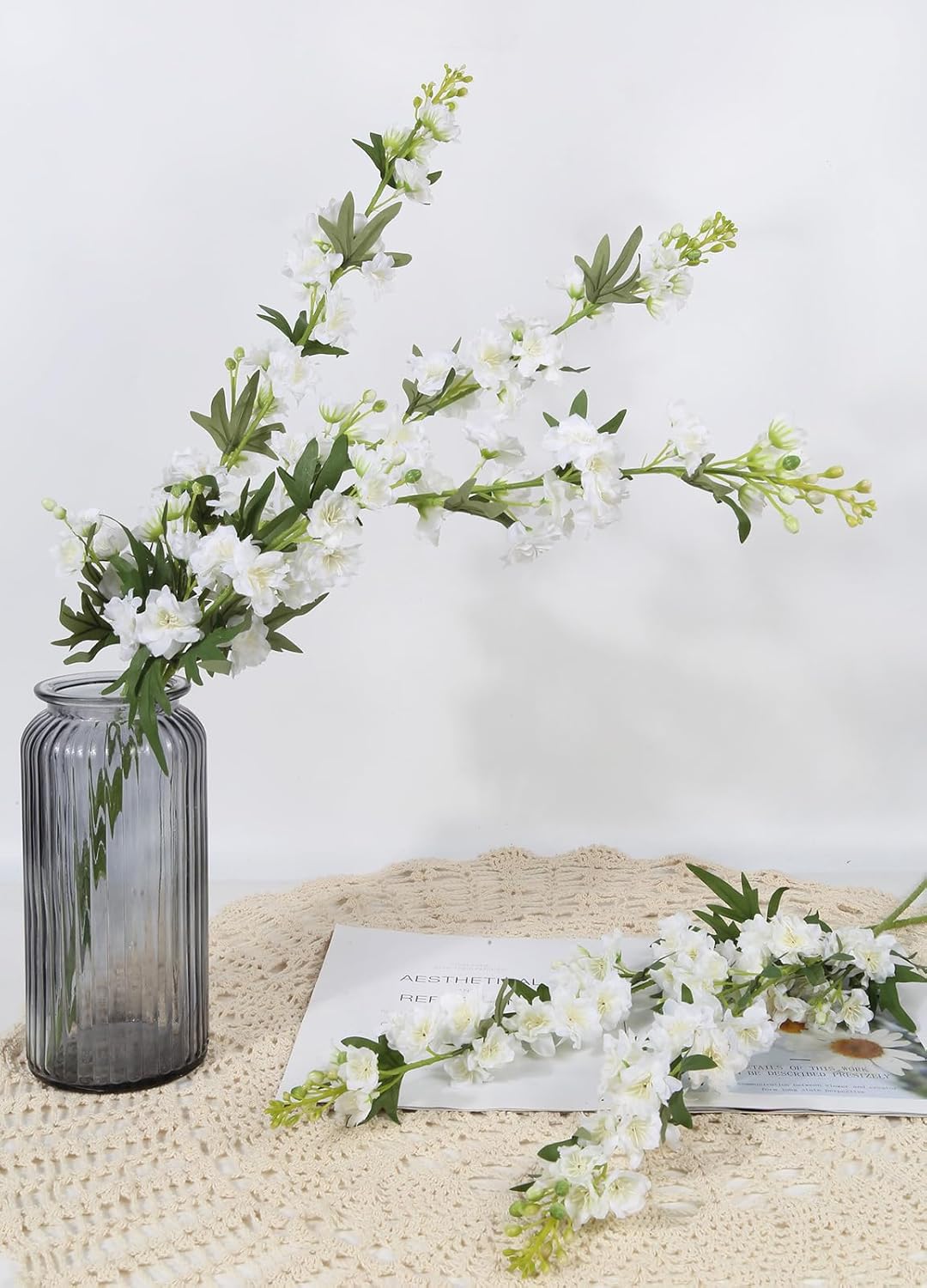 White Flowers Artificial Delphinium 9PCS with Clematis Greenery for Wedding & Home Decor